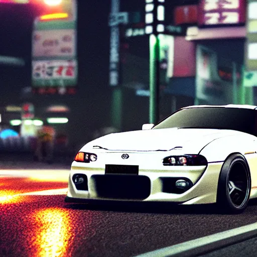 Image similar to still of a toyota supra mk4 on the road in tokyo, action shot, sunset, cgsociety, need for speed heat inspired