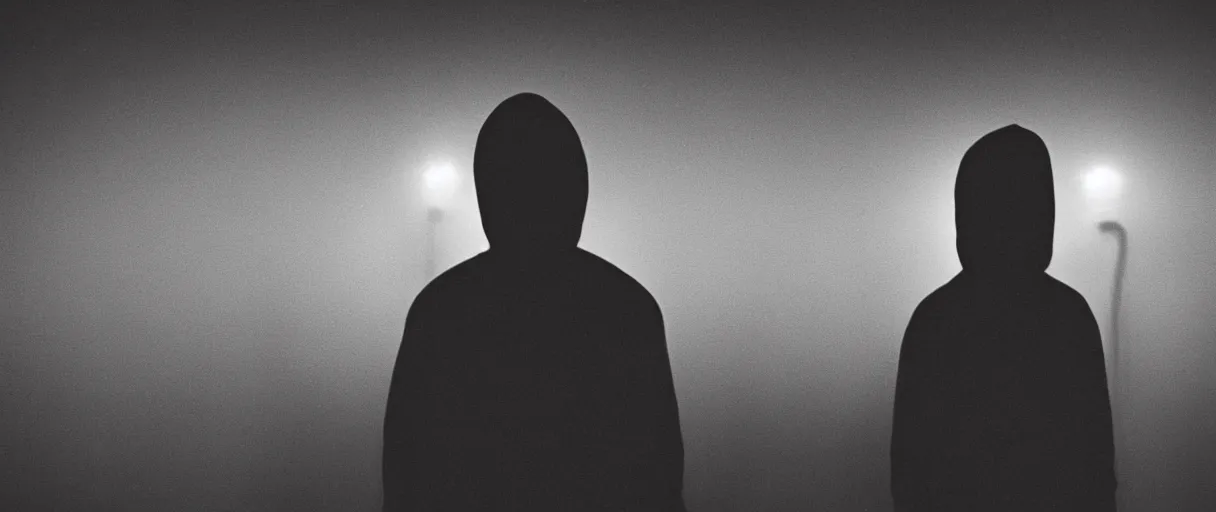 Image similar to a high quality dimly lit color photograph of a 1 9 8 2 crt security monitor showing cctv surveillence camera footage of a man in closeup of a shadowy silhouette bulky figure wearing a hoodie standing near a structure in antarctica at night