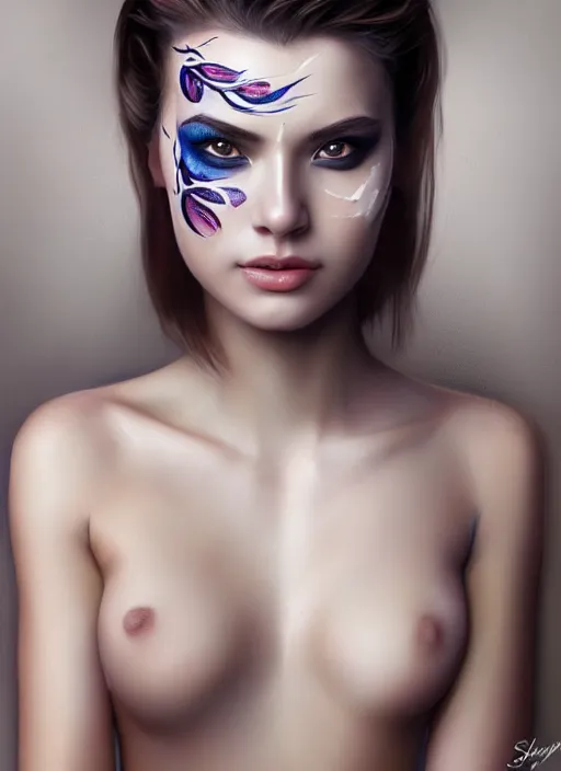 Image similar to full body photo of a gorgeous young woman in the style of stefan kostic, face painting, realistic, sharp focus, 8k high definition, insanely detailed, intricate, elegant, art by stanley lau and artgerm