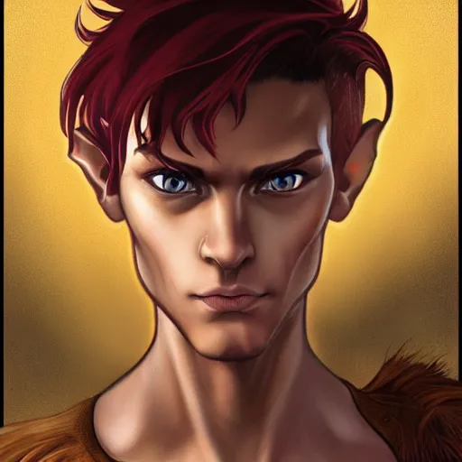 Prompt: dnd character portrait of a tanned half - elf with messy short red hair and yellow eyes with slit pupils, beautiful and androgynous with catlike features and dark skin, glowing, golden hour, wearing a stylish men's suit, realistic painting by ross tran and gerald brom and alphonse mucha, trending on artstation