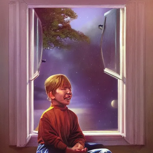 Image similar to and many others, including myself and my older brother, Sam, will be ablecanon of michael whelan, trending on artstation, vivid and vivid a boy looks outside his bedroom window to see the beautiful cosmos, trending