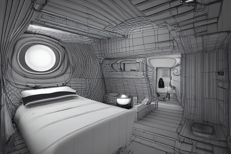 Image similar to small single bedroom quarters inside rocket ship with gray metallic factory engine walls, details, sharp focus, intricate, high definition, retro, 1960s, 1970s, 1980s, sci-fi, digital Art, 3D, realistic photograph,