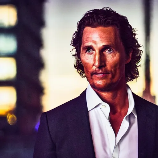 Image similar to a still of matthew mcconaughey . He's looking at the camera. HD. Shallow depth of field. City at night in background, lights, colors ,studio lighting, mood, 4K. Profession photography