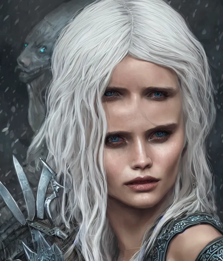 Prompt: Abbey Lee as Ciri in The Witcher 3, intricate, elegant, highly detailed, digital painting, sharp focus, illustration, in the style of Adolfo Hohenstein