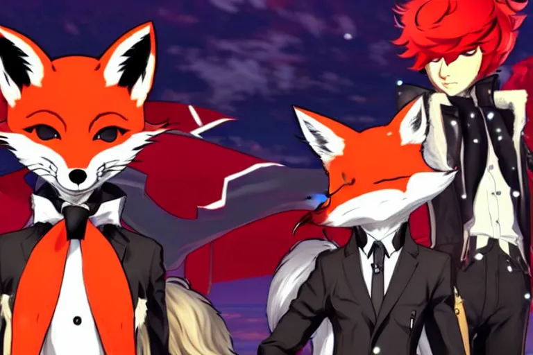 Image similar to a furry tan male fox on a persona 5 : royal ( by atlus ) video game splash screen, a furry male sandcolored tan fox fursona ( has hair ), persona 5 phantom thief style