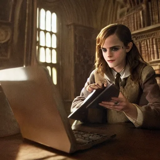 Prompt: Photo of Emma Watson using a computer in Hogwarts