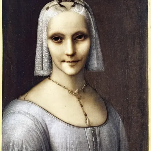 Image similar to a portrait of a woman with a mysterious smile. She is wearing a white dress and her hair is pulled back. Her eyes are slightly downcast, and she has a small mouth in style DaVinci