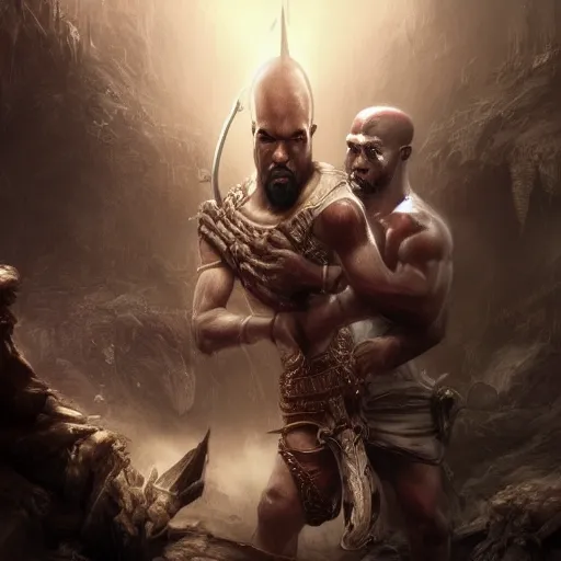 Prompt: cute Kanye West in God of War cover art, ultra wide lens shot , tiny, small, rage, short, cute and adorable, scary, brutal, pretty, beautiful, DnD character art portrait, matte fantasy painting, DeviantArt Artstation, by Jason Felix by Steve Argyle by Tyler Jacobson by Peter Mohrbacher, cinematic lighting