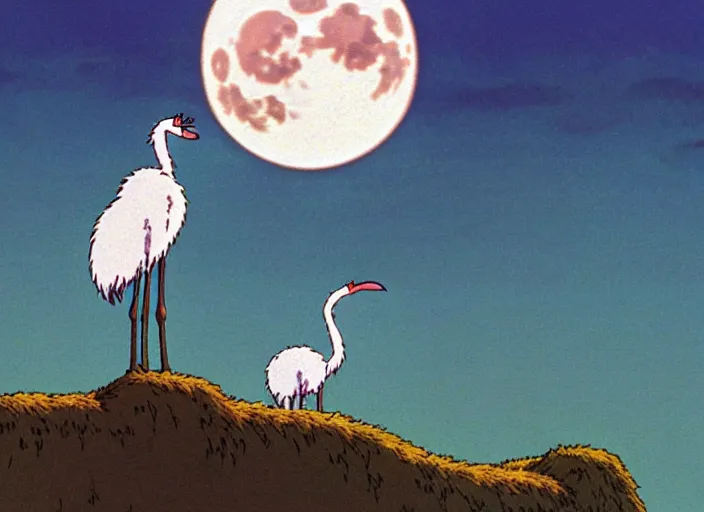 Image similar to a still from a studio ghibli movie of a cartoon ostrich from princess mononoke ( 1 9 9 7 ), in front of a pale full moon, full body, wide shot, very dull muted colors, studio ghibli, highly detailed, deviantart, art by artgem
