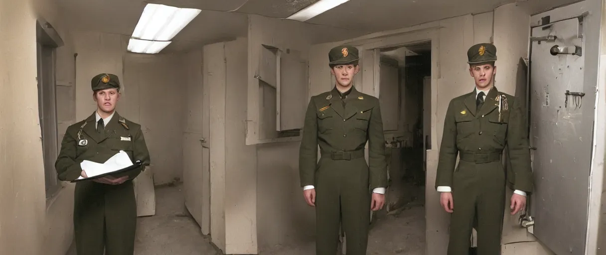 Prompt: a high quality color extreme creepy atmospheric wide dutch angle hd 4 k film 3 5 mm color photograph of a young inexperienced caucasian military man standing in a doorway of a military breakroom in with a clipboard he looks young and experienced in 1 9 8 2