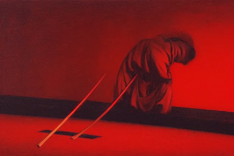 Image similar to only with red, a red samurai do seppuku, tokio, a lot of frogs watch, in the style of beksinski, parts by edward hopper, parts by rodcenko, parts by yue minjun, intricate and epic composition, red by caravaggio, insanely quality, highly detailed, masterpiece, red light, artstation, 4 k