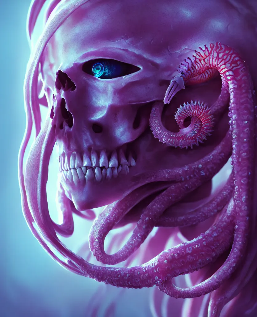 Image similar to hooded goddess close - up portrait hooded human skull, ram skull, squid phoenix jellyfish, orchid, betta fish, bioluminiscent, intricate artwork by tooth wu and wlop and beeple. octane render, trending on artstation, greg rutkowski very coherent symmetrical artwork. cinematic, hyper realism, high detail, octane render, 8 k