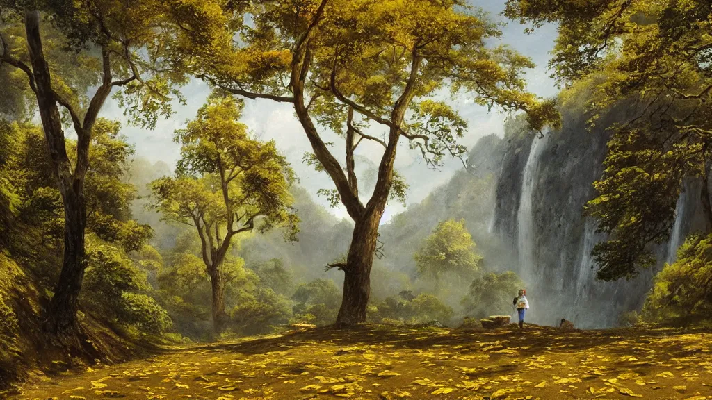 Prompt: A beautiful landscape oil painting of a hill with trees, a person is walking trhough the river and anoter person is sitting under a tree, the summer has arrived and the trees are almost dry, covered with yellow-greenish leafs, the river and the waterfall have almost no water, the river has lots of dark grey rocks, by Greg Rutkowski