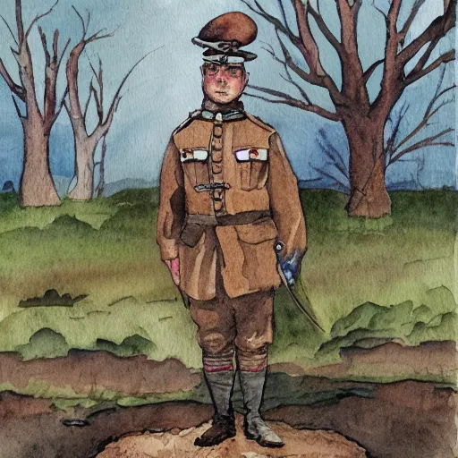 Image similar to a watercolour painting of a rabbit dressed as a ww1 soldier, standing in a muddy field with dead trees in the background