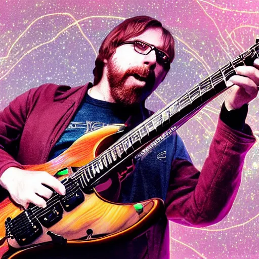 Image similar to a Trey Anastasio guitarist playing so intensely there is electricity shooting out from his guitar, energy beams under his finger tips, and magic sparkles from the freboard, amazing ditial art, trending on artstation, featured on deviantart