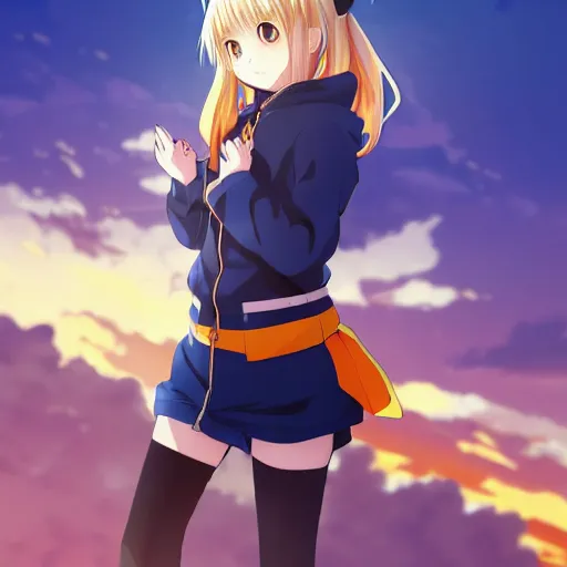 Image similar to Pixiv, Anime Key Visual, cute anime loli with blond hair and cute pigtails, wearing blue coat with a hood and black shorts, jumping from the tallest building of a modern city. She does a superhero pose. Cinematic scene of an HDR sunset, faint orange light. Amazing piece Trending on Artstation