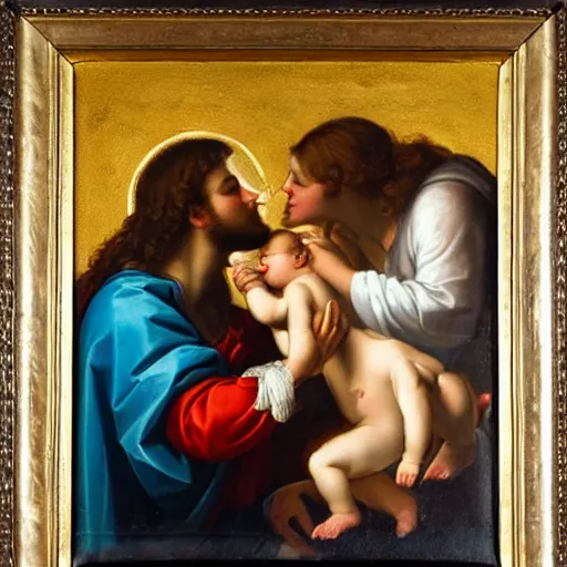 Image similar to 1 8 th oil panting of a jesus kissing with maria maddalena