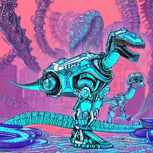 Image similar to beautiful detailed comic illustration, psychedelic fractals and robot mecha dinosaurs, cyberpunk, white, pink, blue, turquoise, orange, pastels