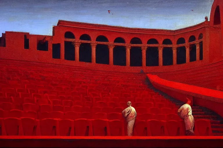 Image similar to only with red, a red great emperor, taormina amphitheatre, crowd with big smile, in the style of beksinski, parts by edward hopper, parts by rodcenko, parts by yue minjun, intricate and epic composition, red by caravaggio, insanely quality, highly detailed, masterpiece, red light, artstation, 4 k