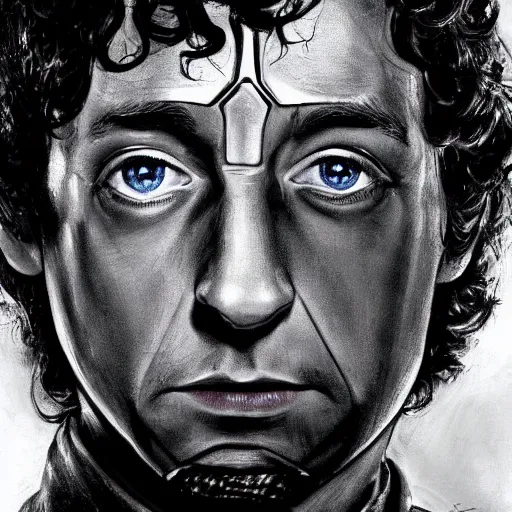 Prompt: frodo baggins as iron man, detailed face portrait, symetry!!