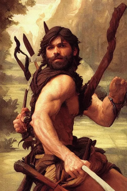 Image similar to renaissance painting full body portrait of a gruff ranger with a spear, lean and toned, handsome face, hairy chest and hairy body, D&D, intricate, elegant, highly detailed, digital painting, artstation, concept art, matte, sharp focus, chiaroscuro, well list, illustration, art by Artgerm and Greg Rutkowski and Alphonse Mucha