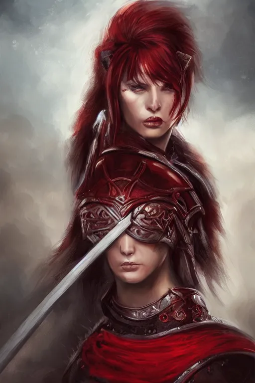 Prompt: half - length portrait of an angry female knight. wrath, revenge, emotions, dramatic, red. fantasy, digital painting, hd, detailed.
