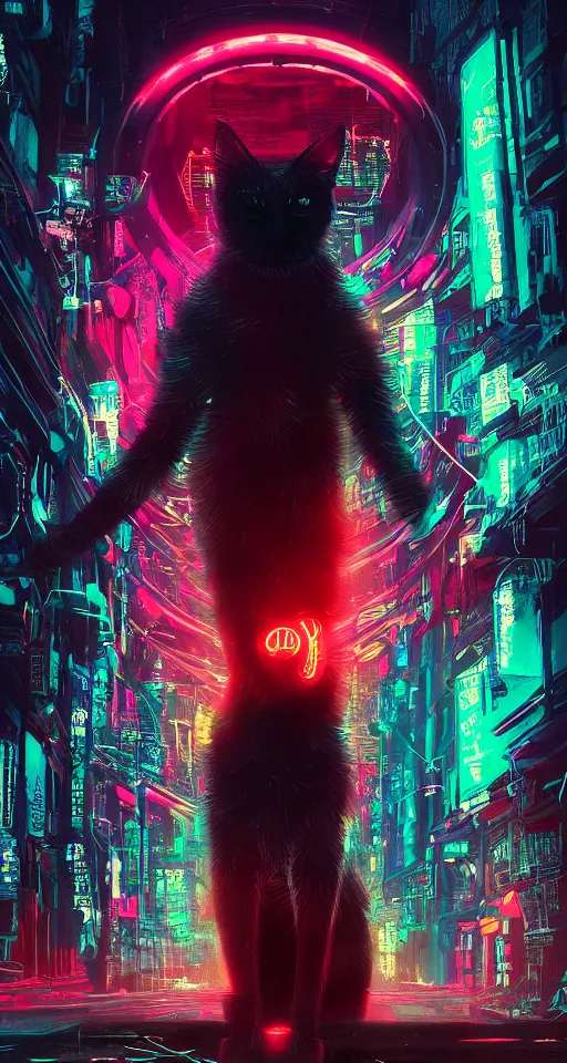 Prompt: a detailed matte painting of a neon cat under a black light with red led eyes, the cat is in a intricately detailed neo neon cyberpunk Japanese city, the angel of death with a halo, colorful background not limited to children, by Ismail Inceoglu , concept art, featured on cgsociety