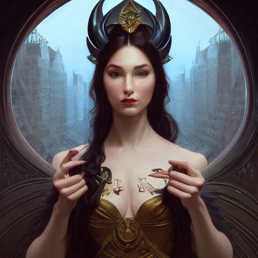 Image similar to perfectly - centered - portrait - photograph of an evil sinister goddess, the perfect human female specimen, intricate, elegant, super highly detailed, professional digital painting, artstation, concept art, smooth, sharp focus, no blur, no dof, extreme illustration, unreal engine 5, 8 k, art by artgerm and greg rutkowski and alphonse mucha loish and wlop