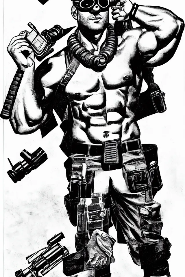 Image similar to muscular man, black vest with no shirt underneath, goggles around his neck, cargo pants, ammo belt, holding a blaster, long black hair in a ponytail, five o' clock shadow, comic book art, full body shot