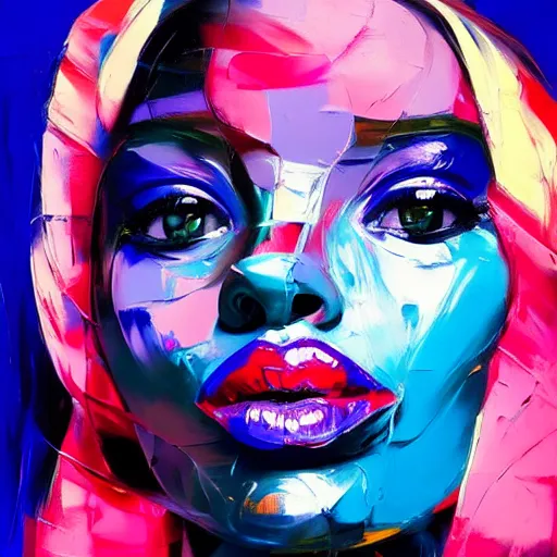 Prompt: a vibrant oil painting close up of a beautiful girl, shades of blue and pink by francoise nielly, trending on artstation : 3