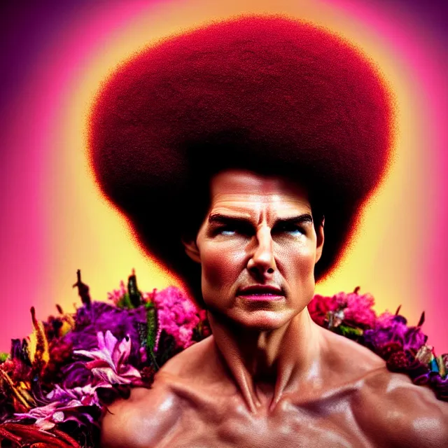 Prompt: bizarre surreal renaissance portrait of tom cruise with an afro made out of various flowers, dramatic cinematic lighting, bold colors, 8 k, beautiful intricate painting, hyper realistic, octane render