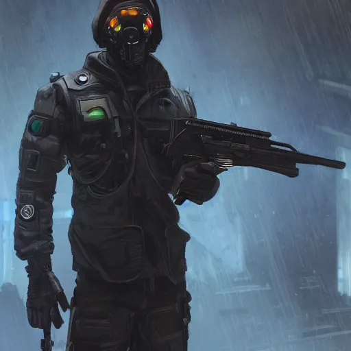 Prompt: a character design for a first person shooter in a cyberpunk setting, with a black techwear vest and dress shoes, in front of a corporate building in the wet fog, with a sub machine gun in one hand above the characters head, artstation trending, concept art, detailed, realistic, Ruan Jia
