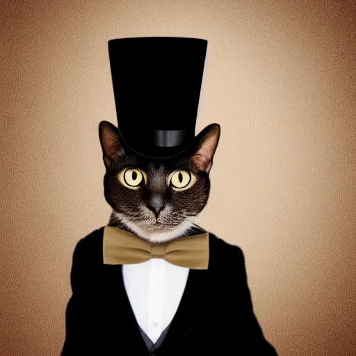 Prompt: a cat wearing a top hat and a bow tie, a stock photo by René Magritte, shutterstock contest winner, pop surrealism, steampunk, surrealist, handsome