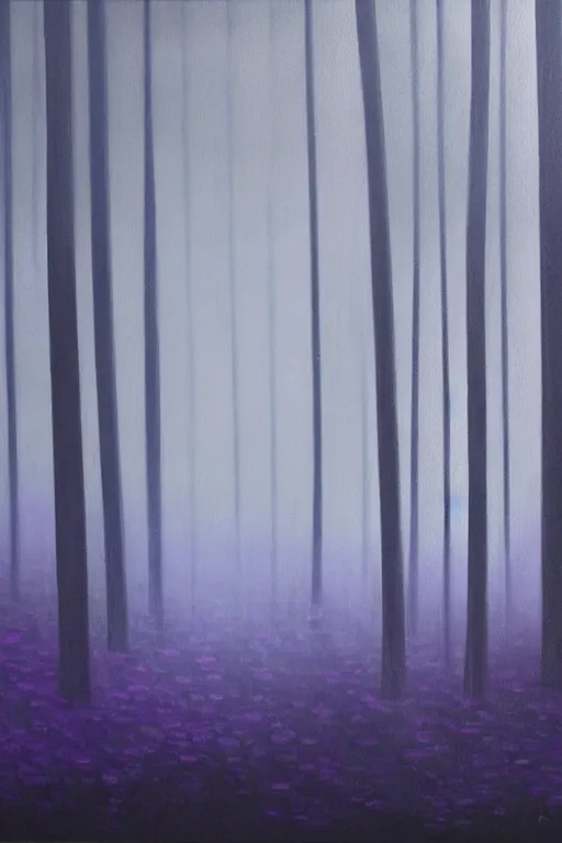 Image similar to dark and spooky painting of a forest dimly lit at night with tiny purple morning glory flowers trailing at the base of trees. foggy cinematic volumetric darkness, muted colour palette, detailed oil painting on canvas