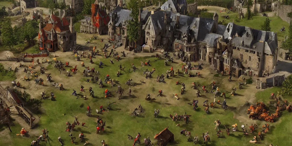 Image similar to RTS gameplay third person in style of Brueghel, painting, Stronghold strategy gameplay, high detailed, fantasy, medieval, buildings, castle, armored units, RPG, high contrast, octane render