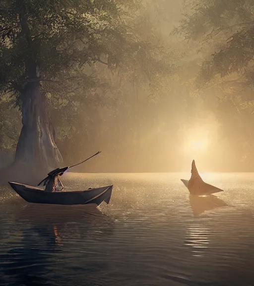 Image similar to three cuervos de pantano in a little boat in a swamp, long legs, volumetric lighting, majestic light, octane render, ethereal glare of the sun, hyperrealistic, epic, masterpiece, by greg rutkowski