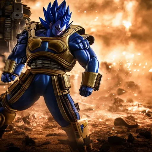 Image similar to vegeta in gears of war, splash art, movie still, cinematic lighting, ray tracing, octane render, long lens, shallow depth of field, bokeh, anamorphic lens flare, 8 k, hyper detailed, 3 5 mm film grain