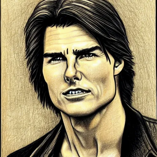 Image similar to a portrait drawing of Tom Cruise drawn by Robert Crumb