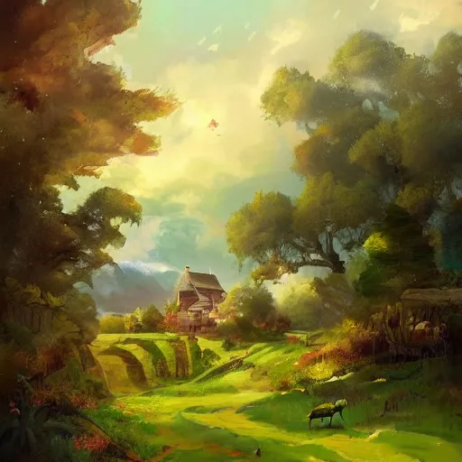 Prompt: an expressive painting of a lively landscape in the country by Ross Tran