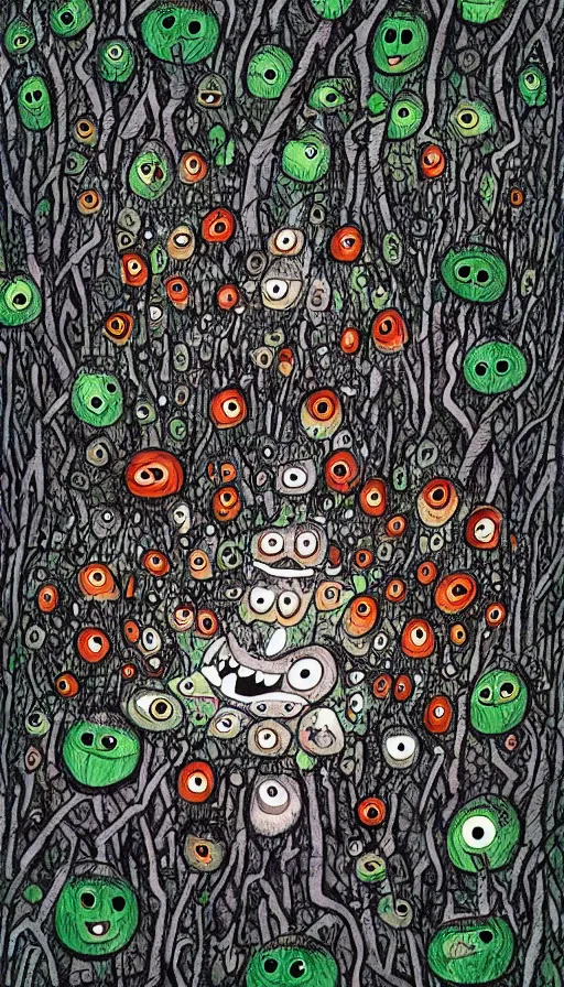 Prompt: a storm vortex made of many demonic eyes and teeth over a forest, by allie brosh