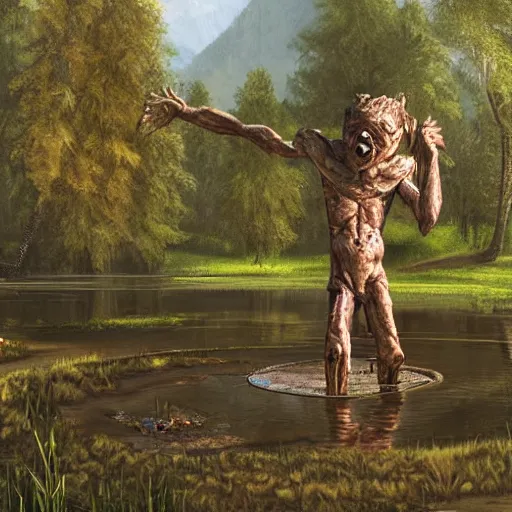 Image similar to a humanoid monster emerging from a pond