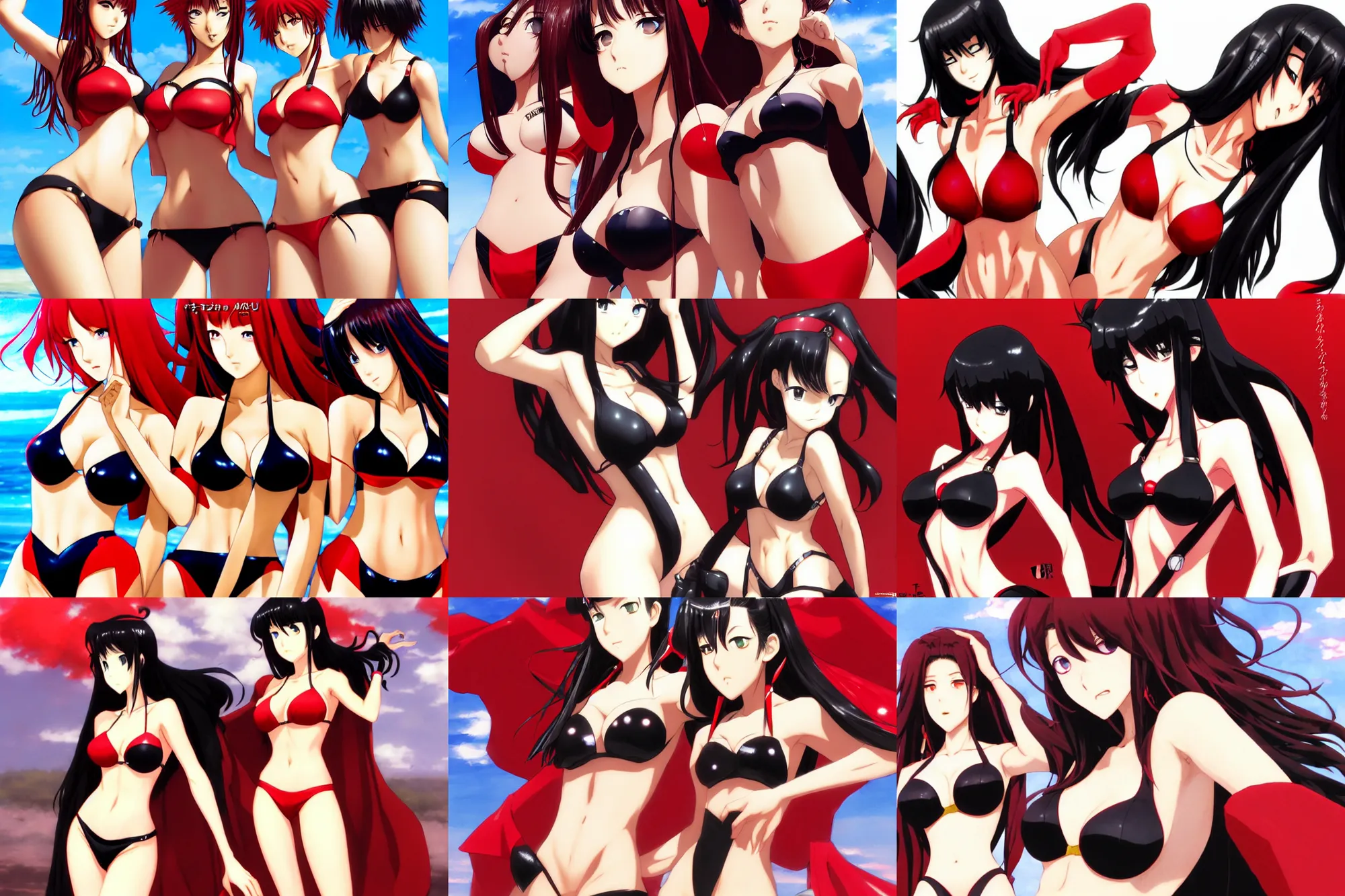 Prompt: black and red. close - up princesses posing together in bikini. by takashi takeuchi, yoshiyuki sadamoto, amagaitaro, makoto shinkai, krenz cushart, asao urata, pixiv