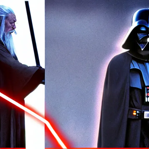 Image similar to gandalf vs darth vader, dramatic lighting,