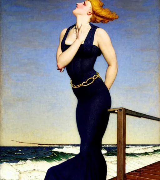 Image similar to a fancy beautiful young lady standing on a wharf at the edge of the sea by brom and gil elvgren and jean delville and william blake and norman rockwell and michael whelan, crisp details, hyperrealism, high detail, high contrast, low light, stylish navy blue heels, gold chain belt, cream colored blouse