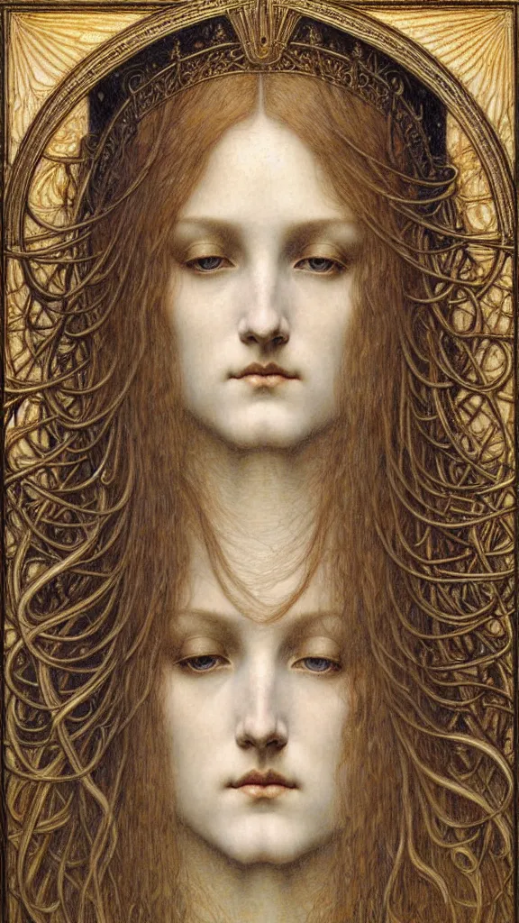 Image similar to detailed realistic beautiful young medieval queen face portrait by jean delville, gustave dore and marco mazzoni, art nouveau, symbolist, visionary, gothic, pre - raphaelite. horizontal symmetry