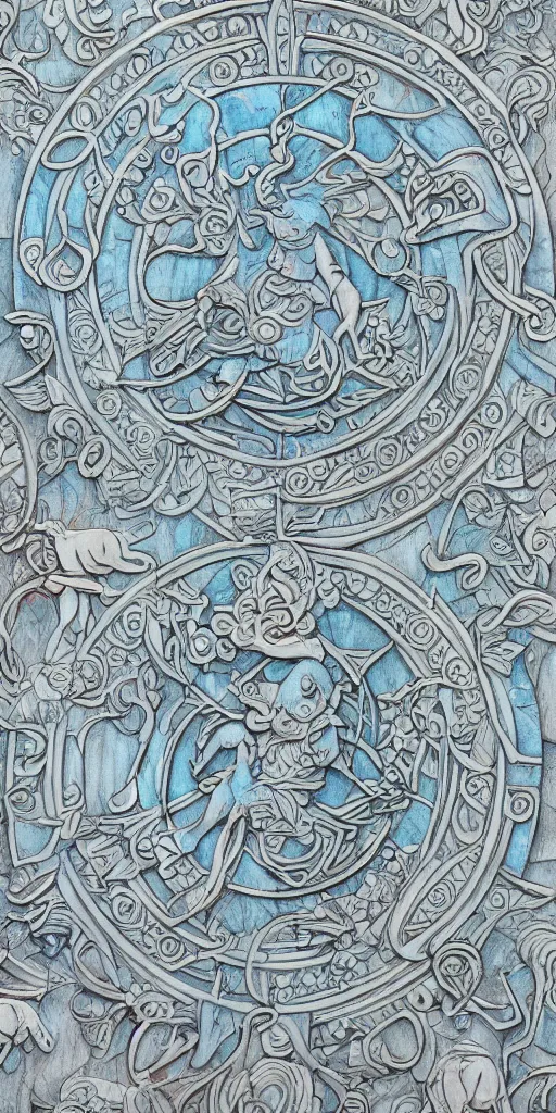 Image similar to intricate colourfully painted carved Soapstone relief paneling, white and pale blue , celestial, pig, piglet, piggy, pig goddess, mother earth, Earth Goddess mythology, Gaia, angels, divinity, Ghostly, crystaline celtic, insanly detailed , artstation, wallpaper, hyper realistic, realistic lighting