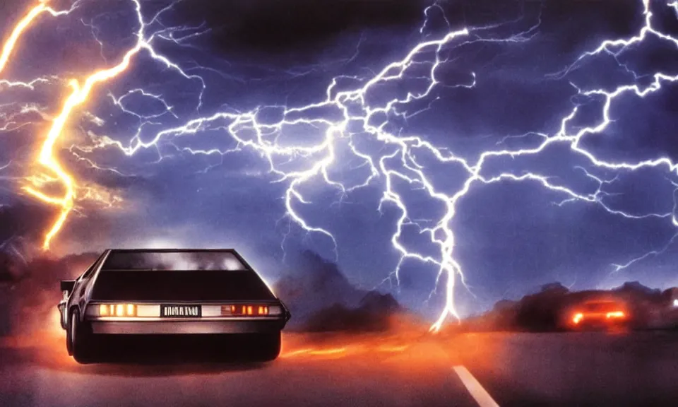 Image similar to scene from back to the future, delorean driving fast, lightning, fire, driving through portal