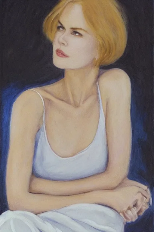 Image similar to 23 year old nicole kidman , loose messy hair , thoughtful eyes, wearing a thin white skimpy cotton camisole, pale skin, poised beautiful body, symmetrical face, zen aesthetic, interior design, amber and blue color scheme, sophisticated, pensive, contemplation, meditation, aloof, ethereal, oil painted canvas, loose brush strokes, Whistler painting