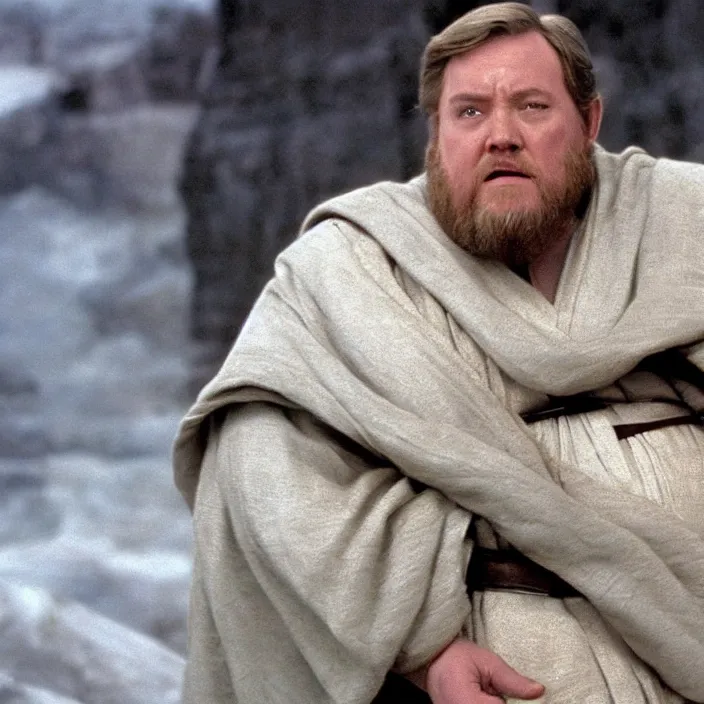 Image similar to obi wan kenobi but obese!! and overweight, photoralistic rendering, movie still, screenshot, hyperdetailed