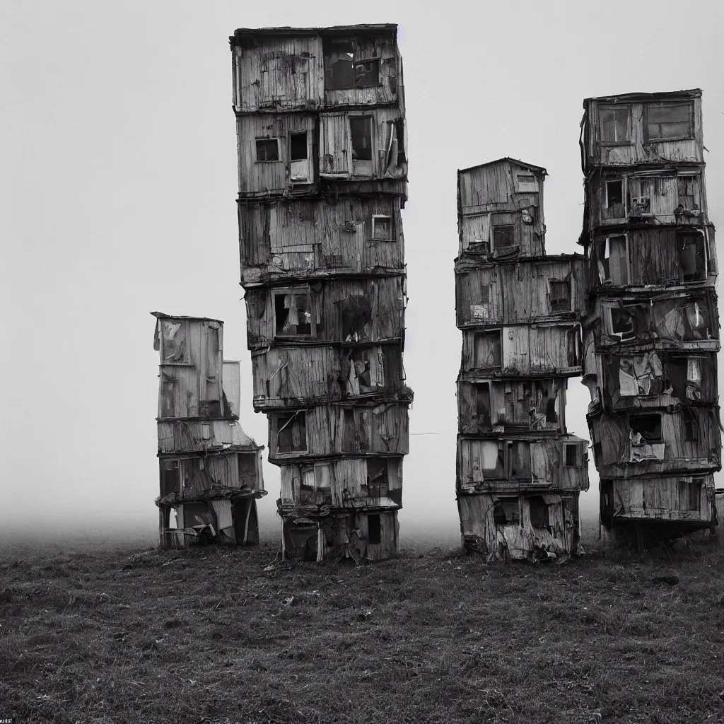 Prompt: two towers, made up of makeshift squatter shacks, uneven dense fog, dystopia, mamiya, fully frontal view, photographed by jeanette hagglund